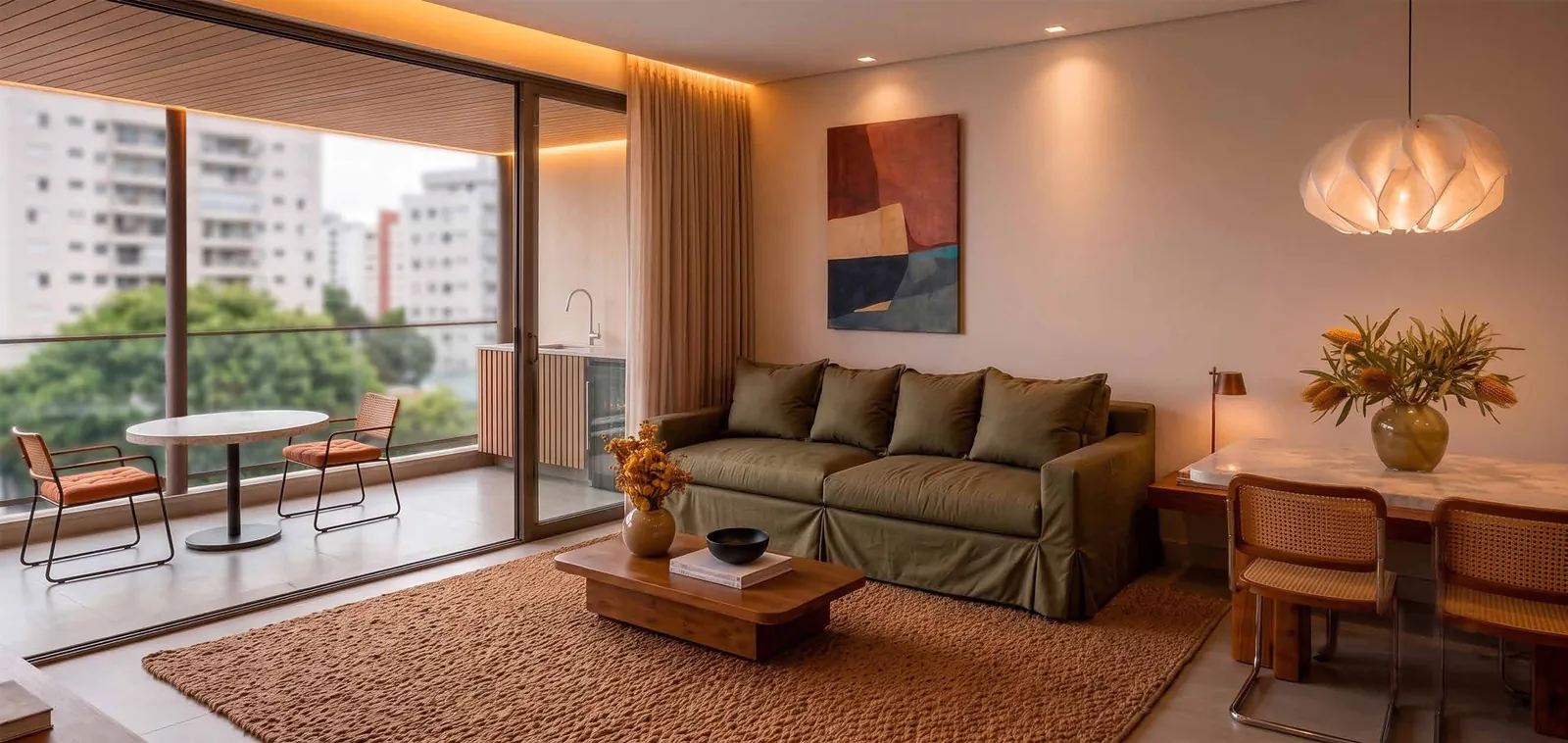 Sala com sofá verde, mesa de centro e varanda com vista para os prédios