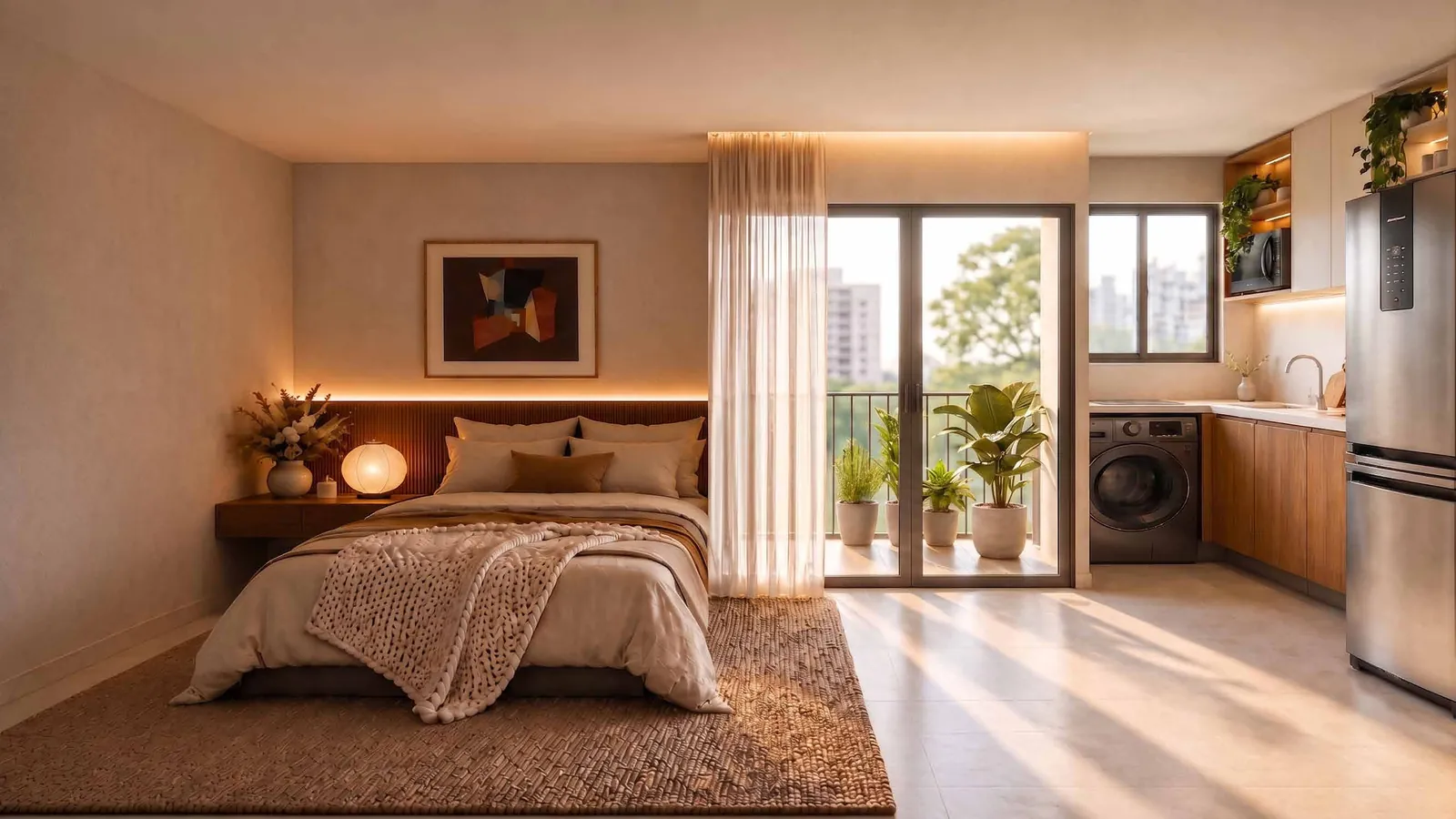 Cama de casal com luminária pendente e porta de vidro para a varanda
