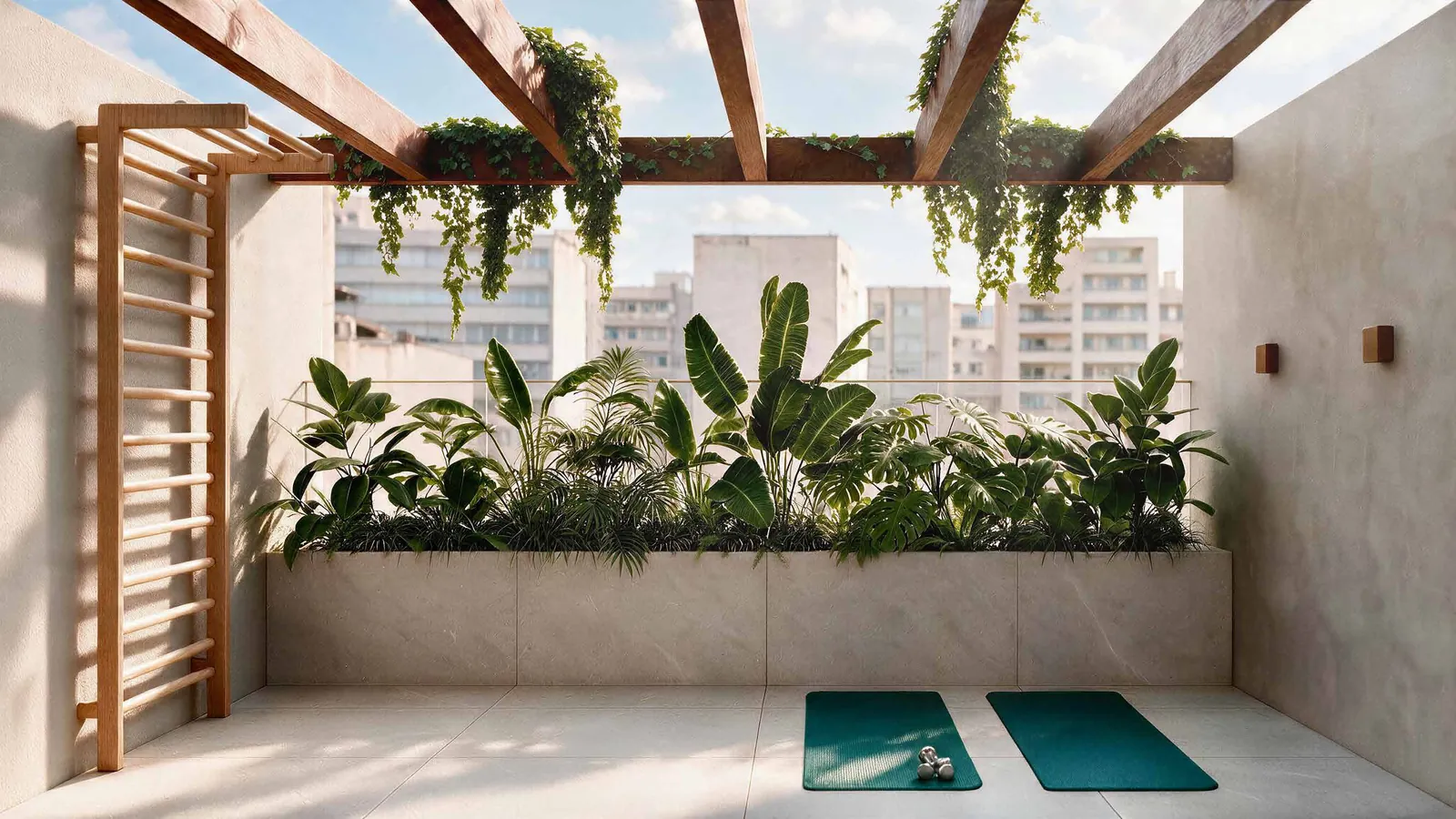Espaço zen com pergolado, plantas e tapetes de yoga