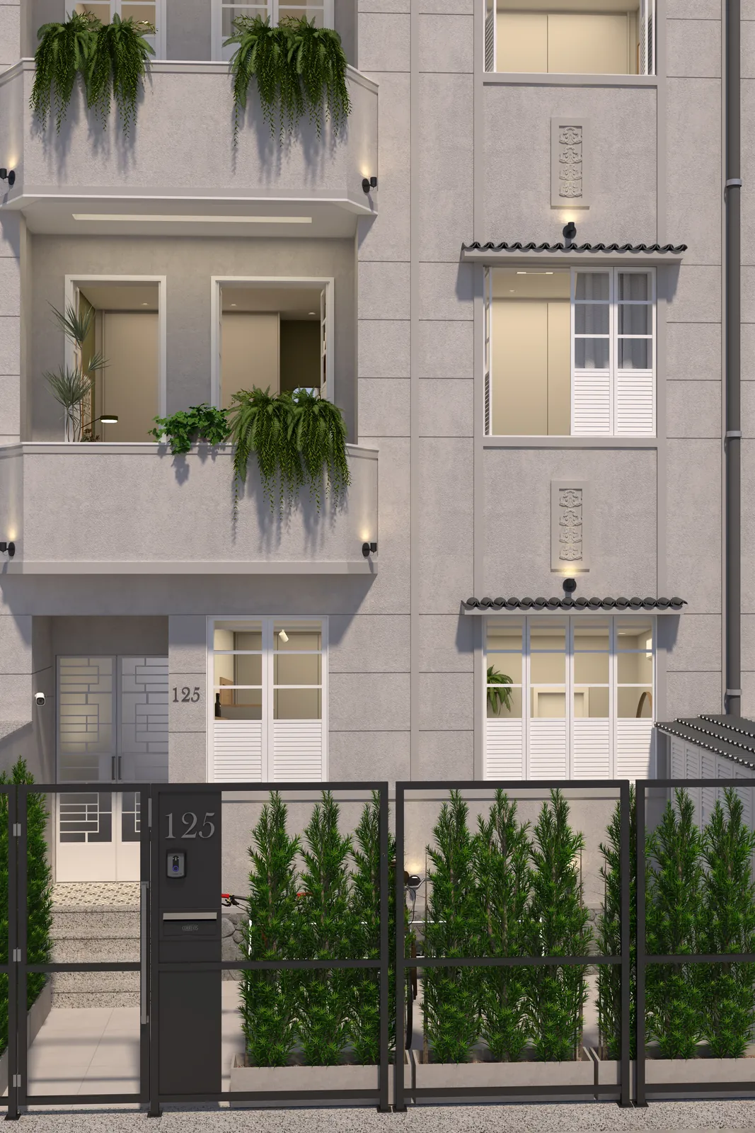 Fachada do Sansa Living com varandas, jardineiras e árvores na calçada