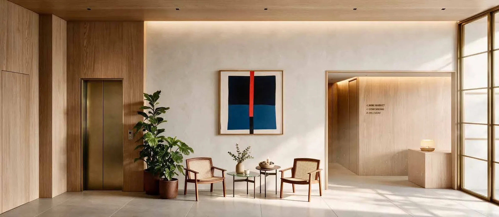Hall social com poltronas, planta e um quadro vermelho e azul