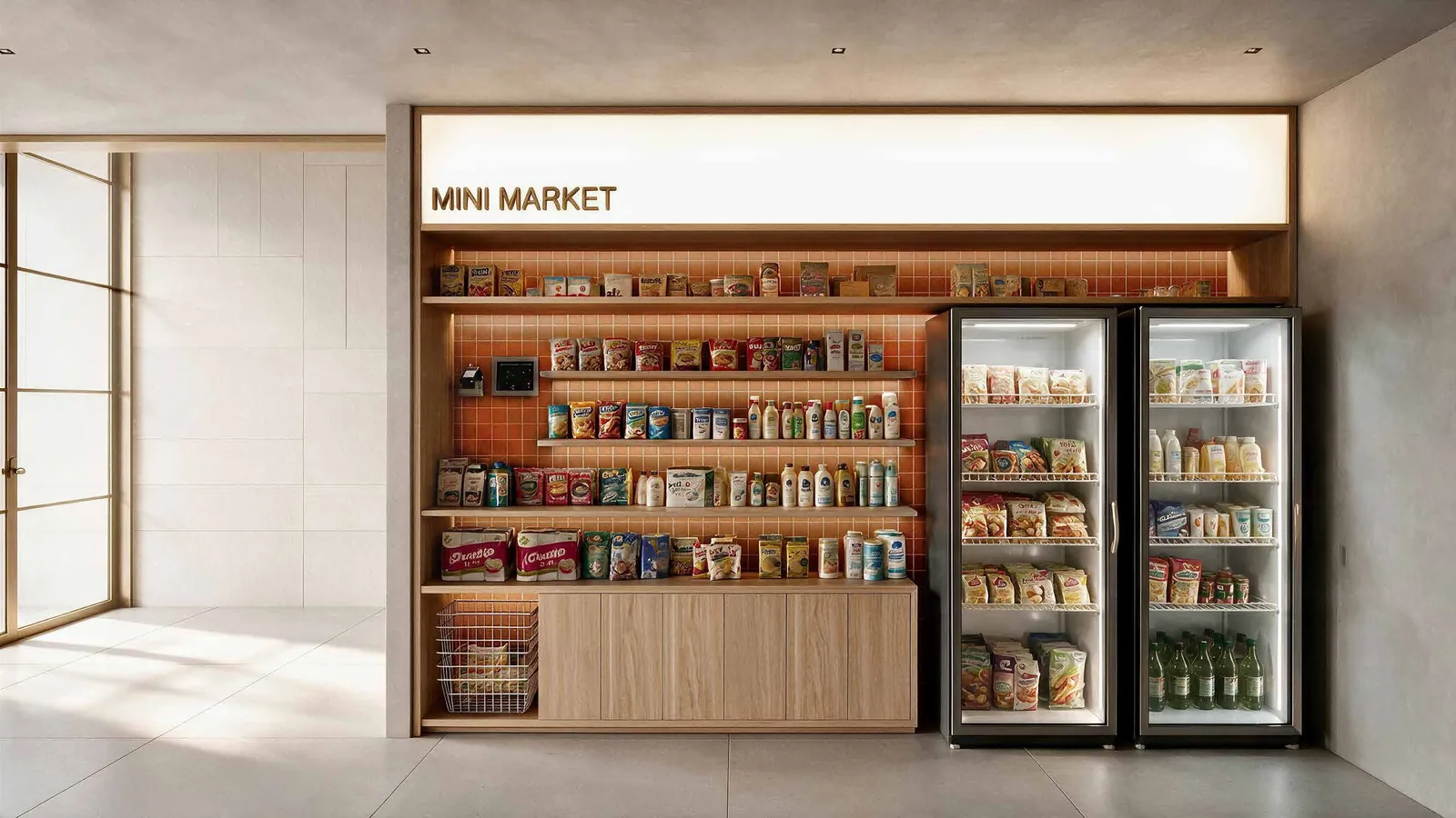 Mini market com prateleiras de madeira e geladeiras de vidro