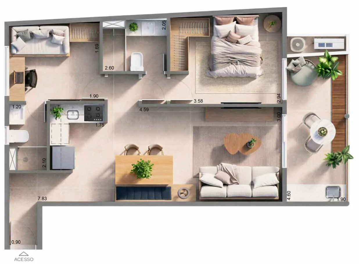 Planta humanizada: 2 quartos de 66,71 m² do Sansa Living