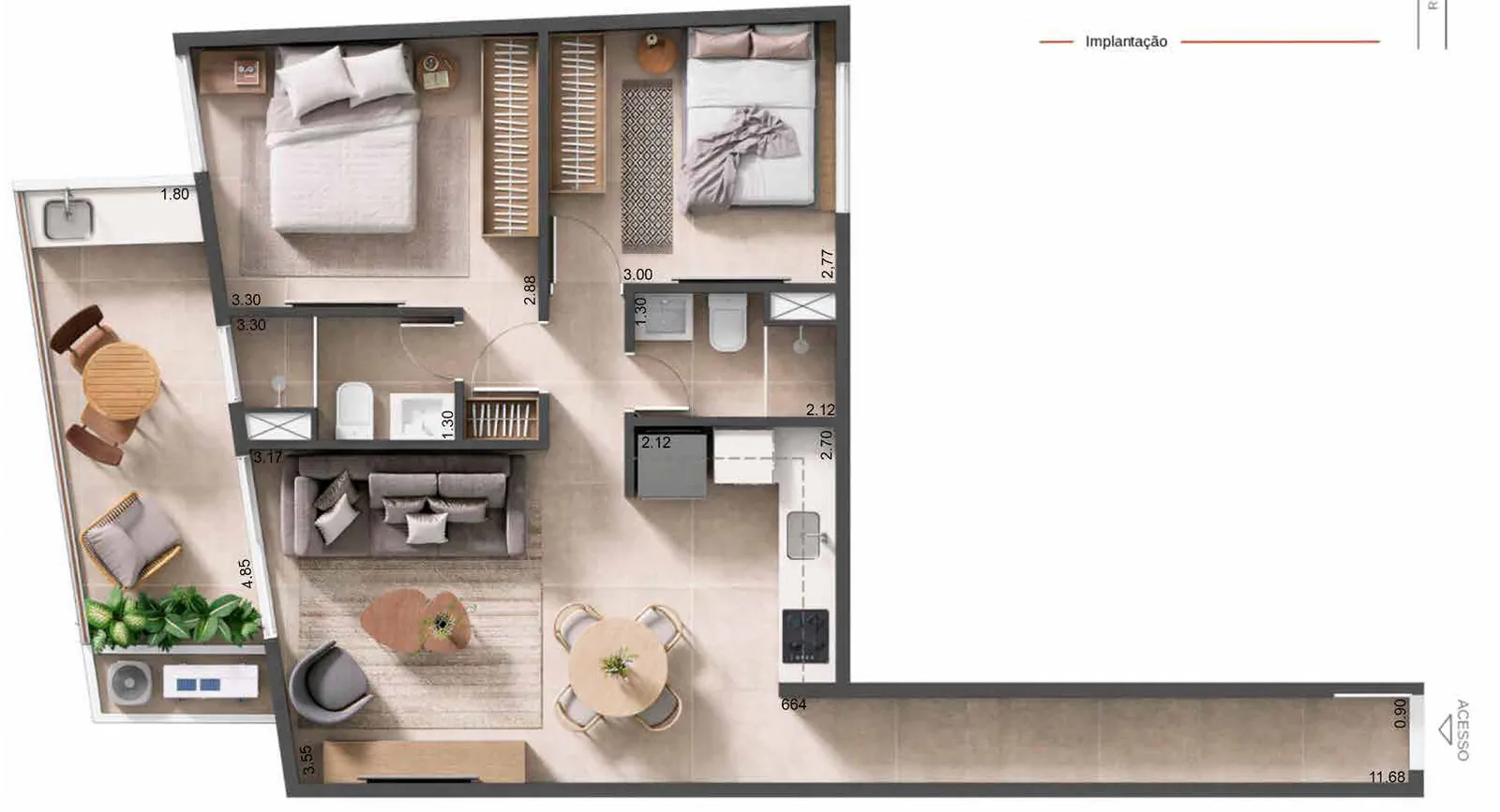 Planta humanizada: 2 quartos de 69,73 m² do Sansa Living
