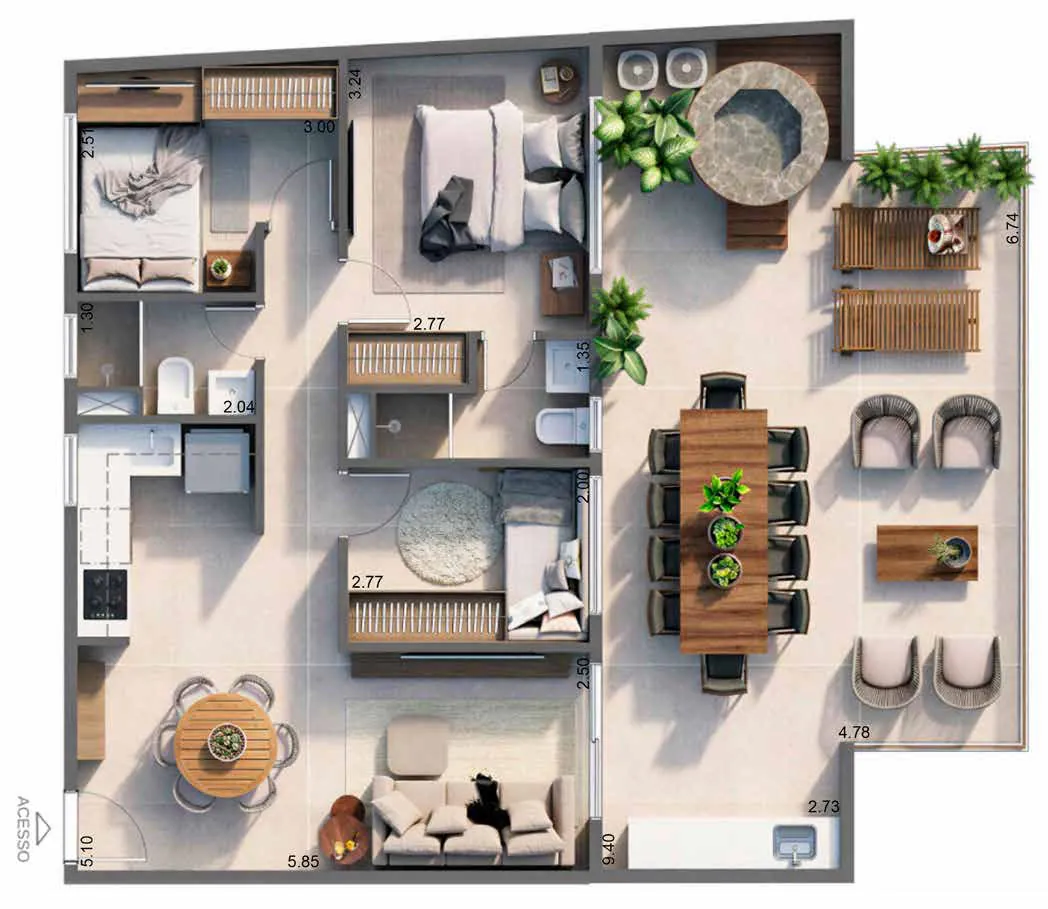 Planta humanizada: cobertura 601 de 100,64 m² do Sansa Living