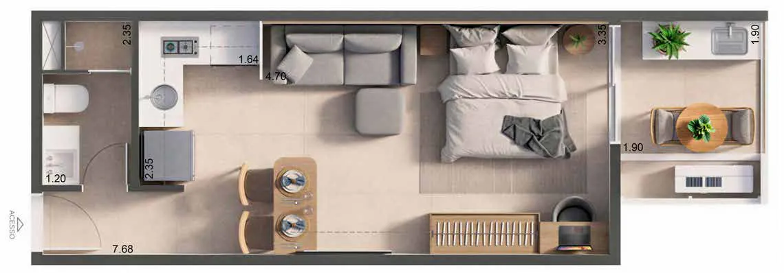 Planta humanizada: studio amplo de 32,51 m² do Sansa Living