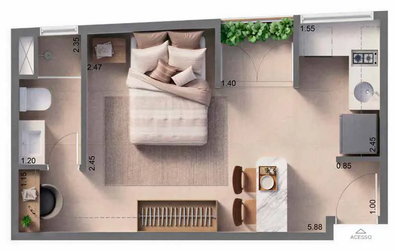 Planta humanizada: studio de 27,64 m² do Sansa Living