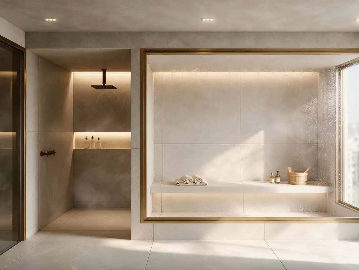 Sauna com banco de madeira e luz indireta