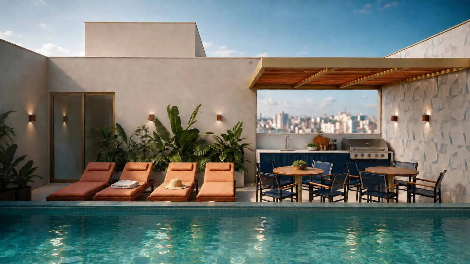 Terraço gourmet com espreguiçadeiras laranja, mesas e a piscina ao lado