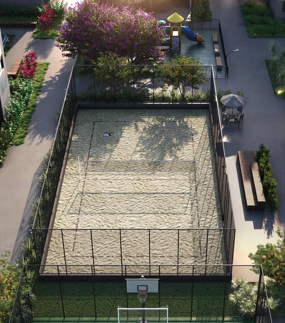 Quadra de beach tennis vista de cima, cercada de jardim