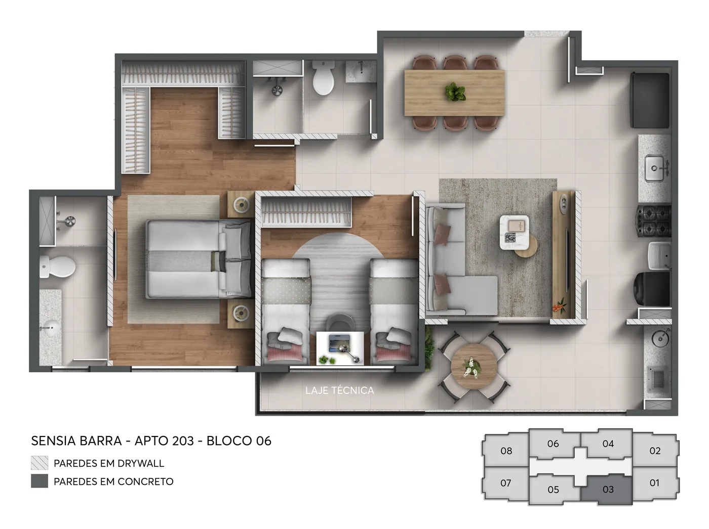 Planta do apartamento de 2 quartos com suíte e varanda