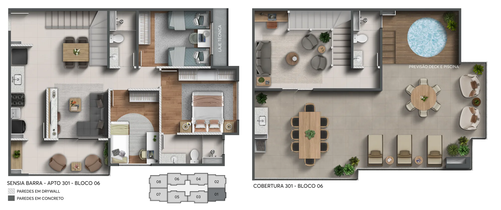 Planta dos dois pavimentos da cobertura duplex de 3 quartos