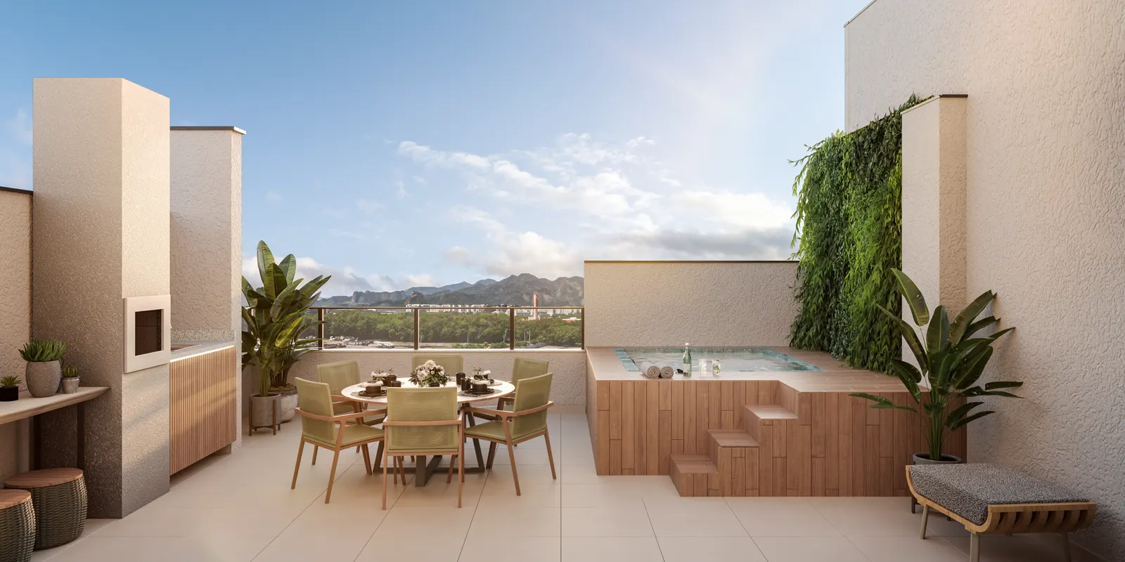 Terraço da cobertura com churrasqueira, mesa e jardim vertical