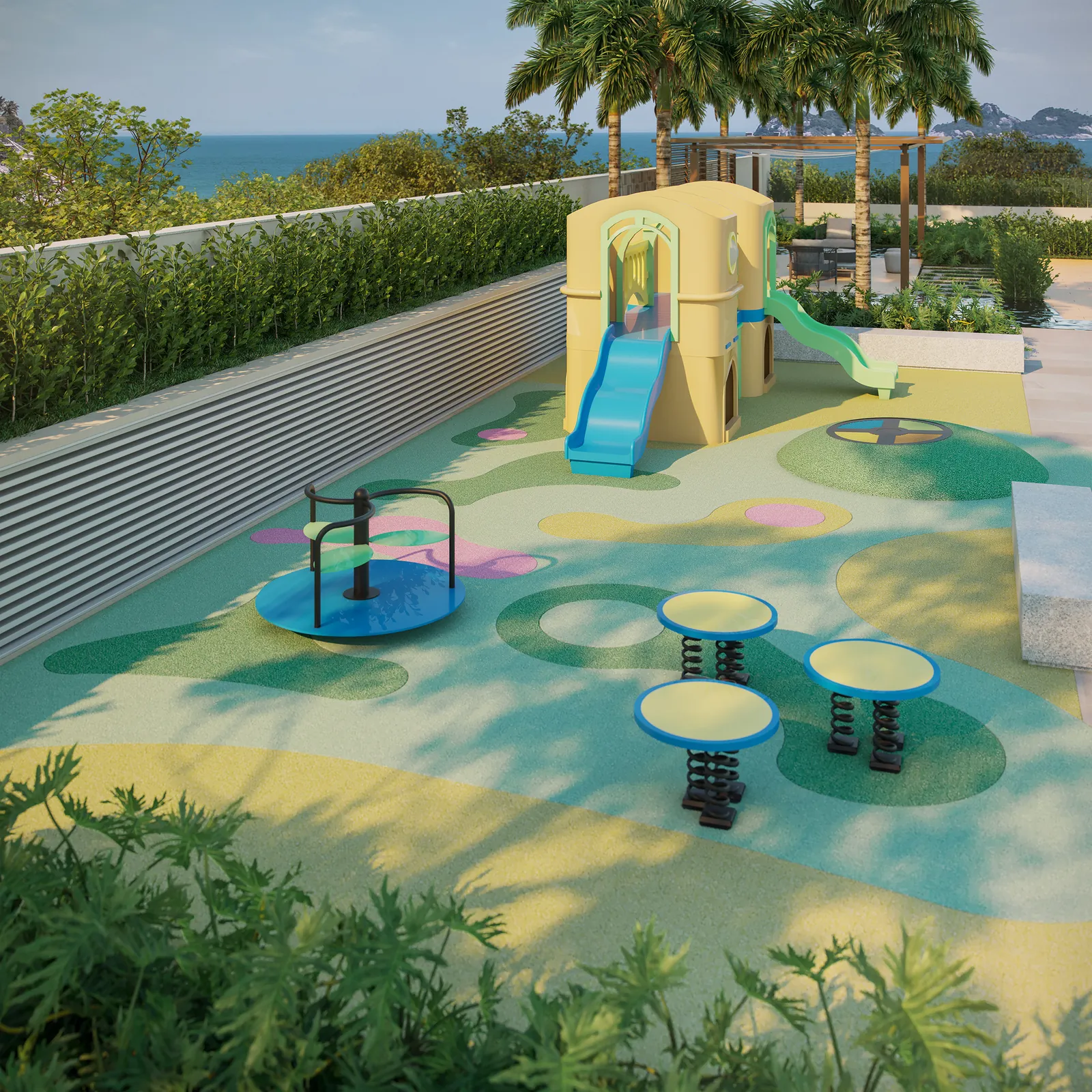 Playground com brinquedos coloridos e piso emborrachado