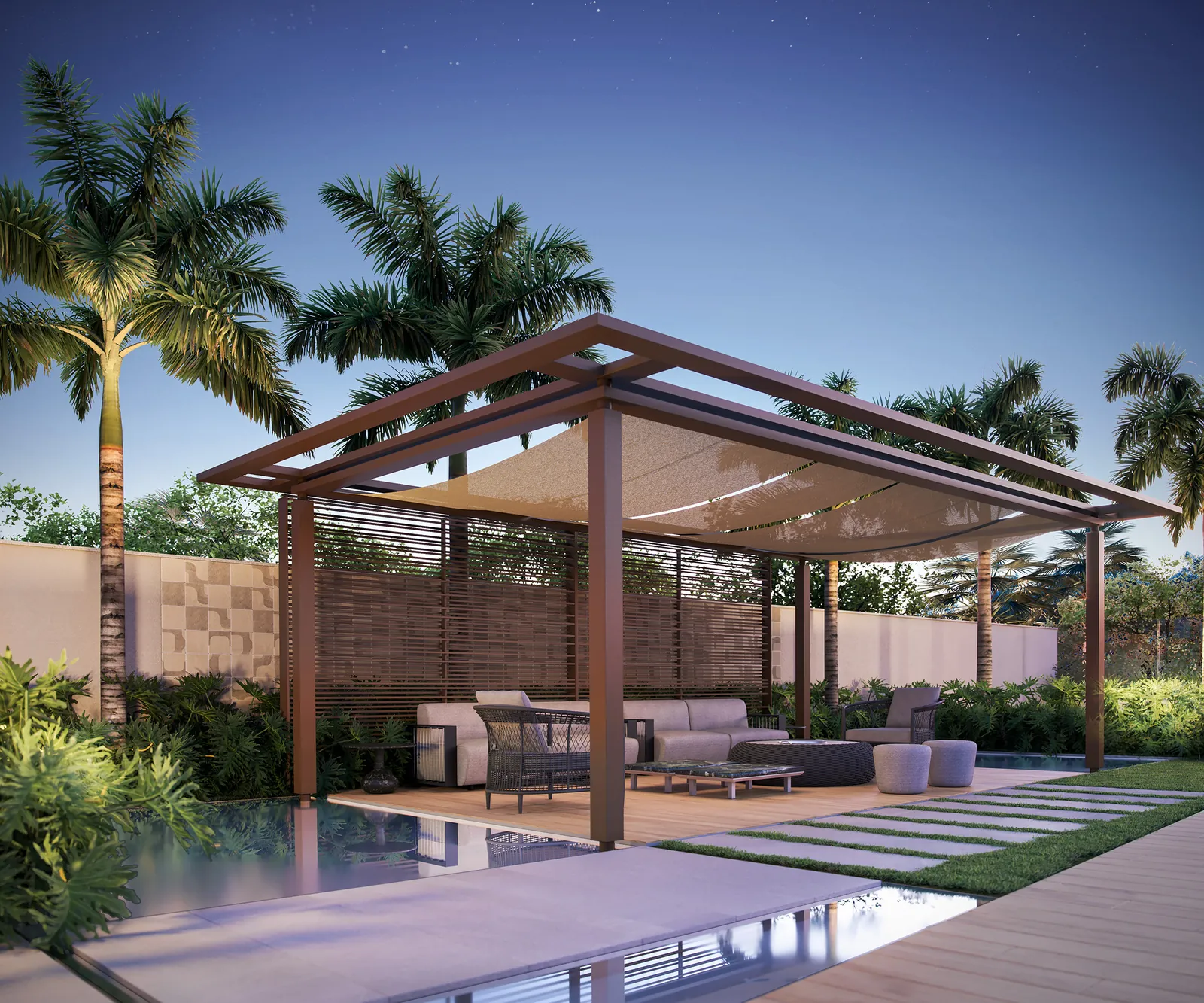 Lounge externo com pergolado de madeira e sofás