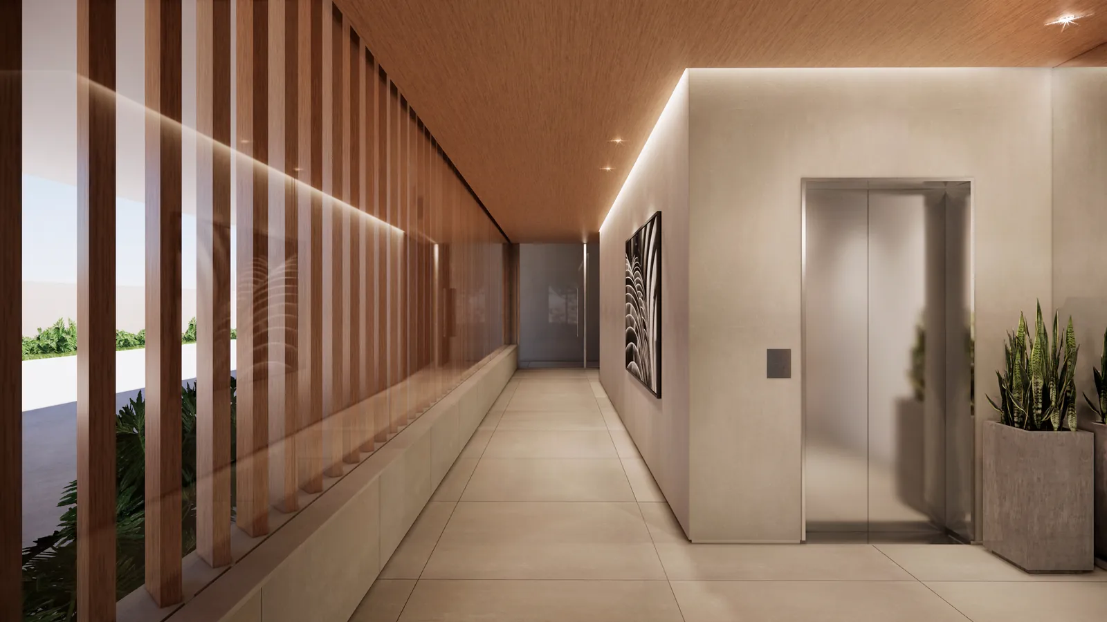 Lobby com painel de madeira e elevador