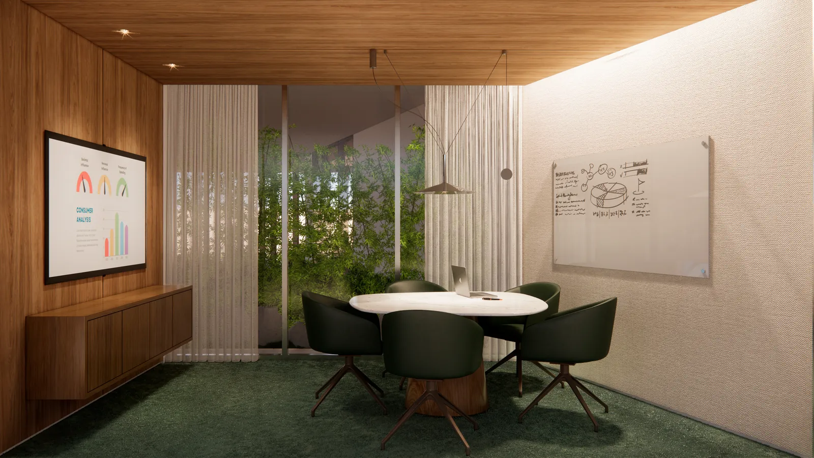 Sala de reunião com mesa redonda e jardim vertical