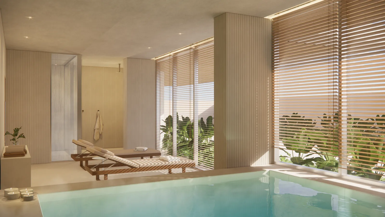 Spa com piscina aquecida e espreguiçadeiras