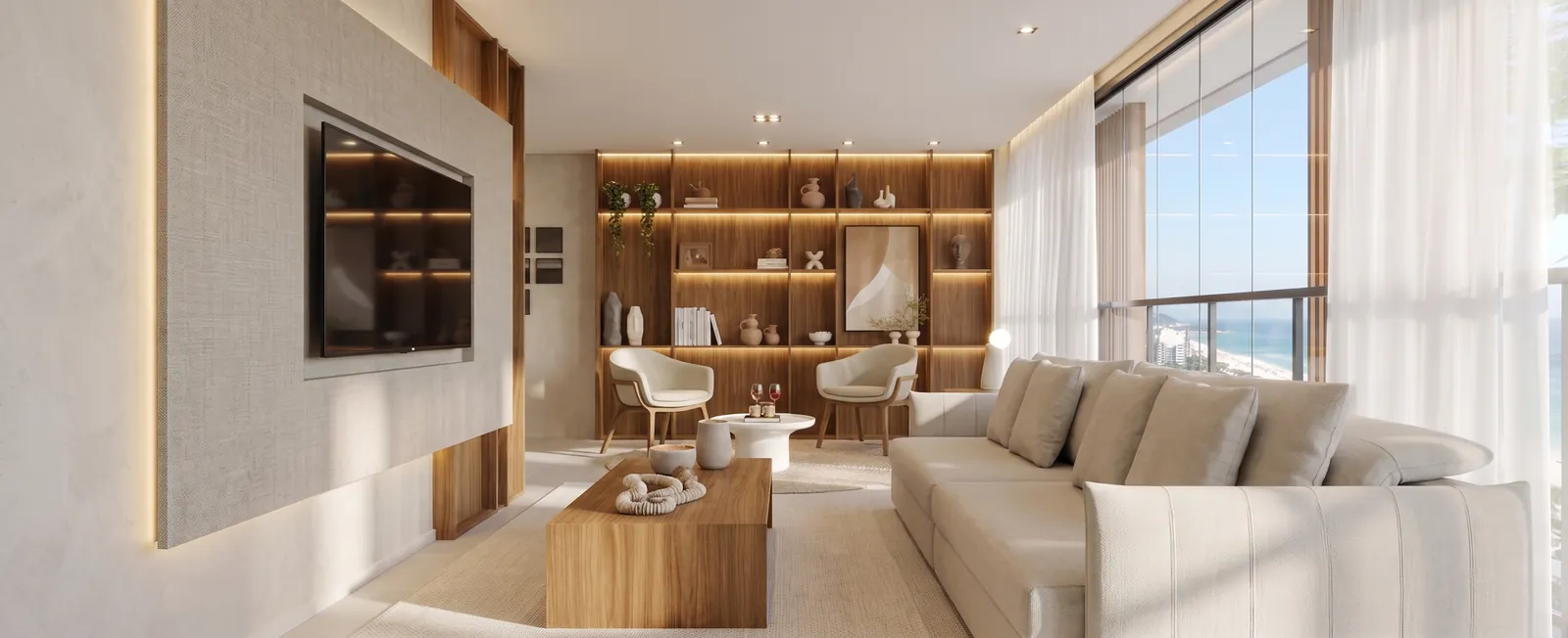 Living do apartamento 201 mobiliado, com sofá, mesa de jantar e janela para o mar