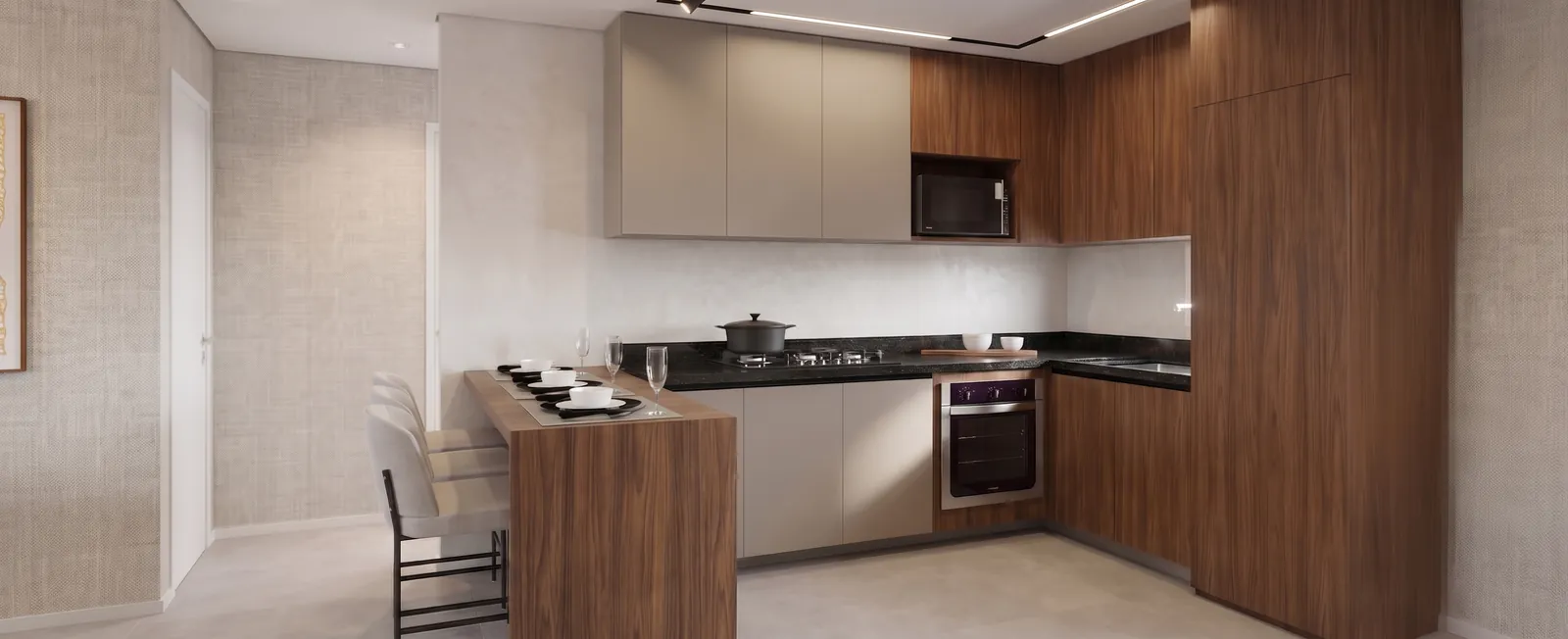 Cozinha americana integrada à sala, com bancada e armários de madeira
