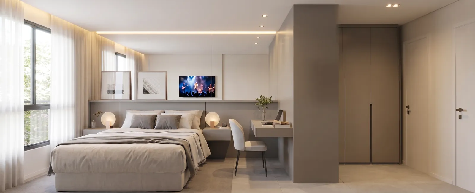 Suíte master da cobertura com cama de casal e janela grande