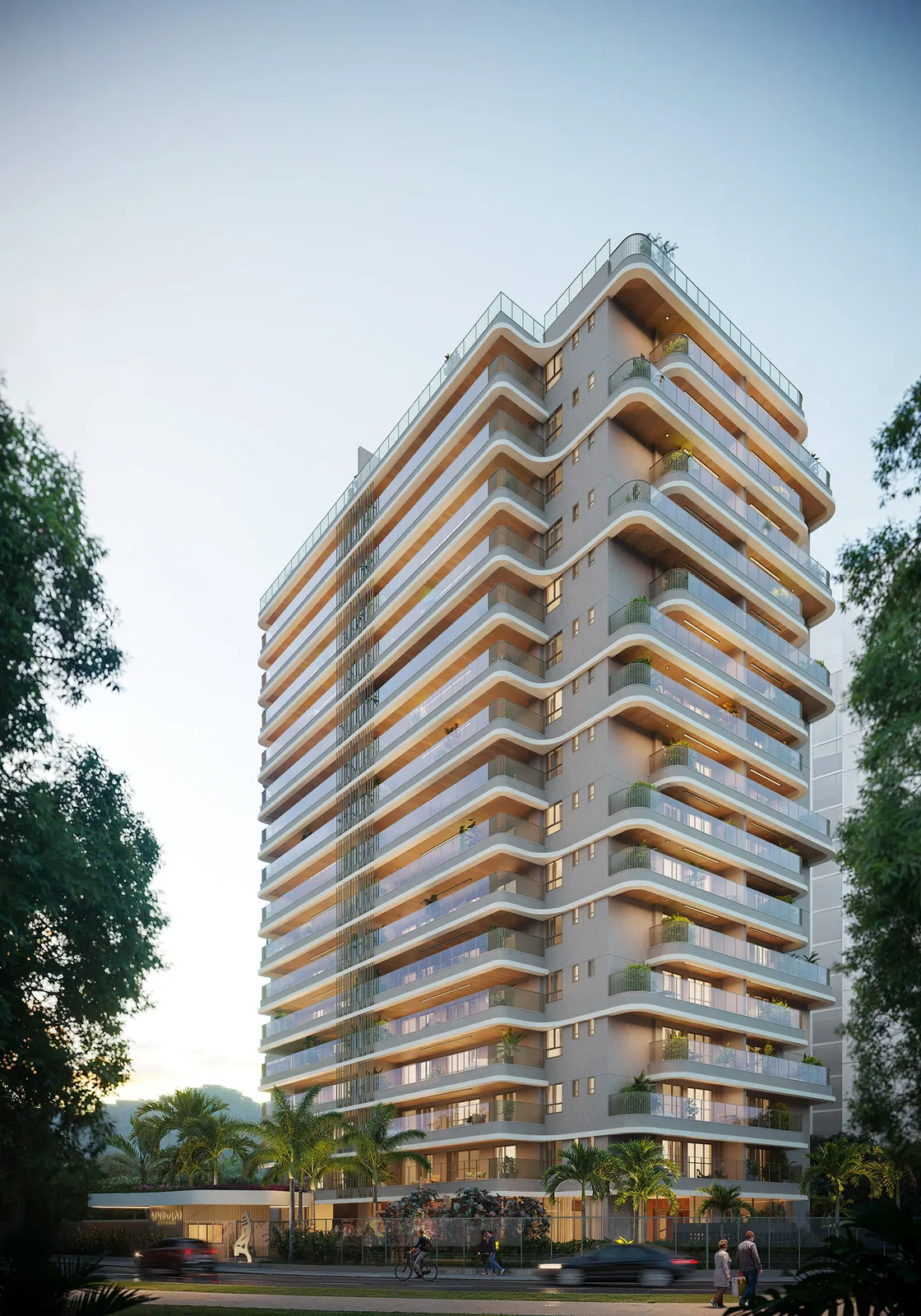 A torre do Singular, com varandas curvas e a mata da Península em volta