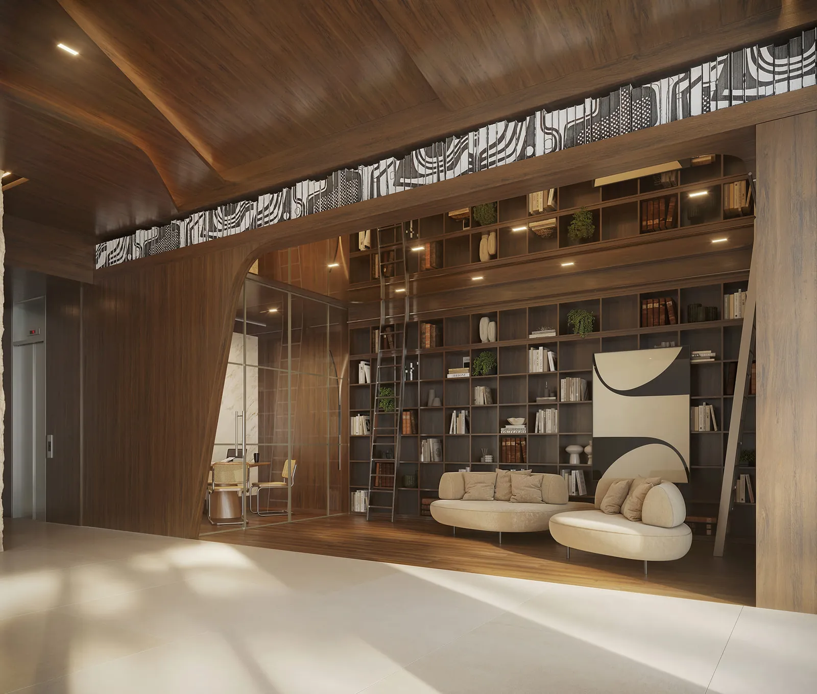 Biblioteca com estante alta de madeira, poltronas e luz natural