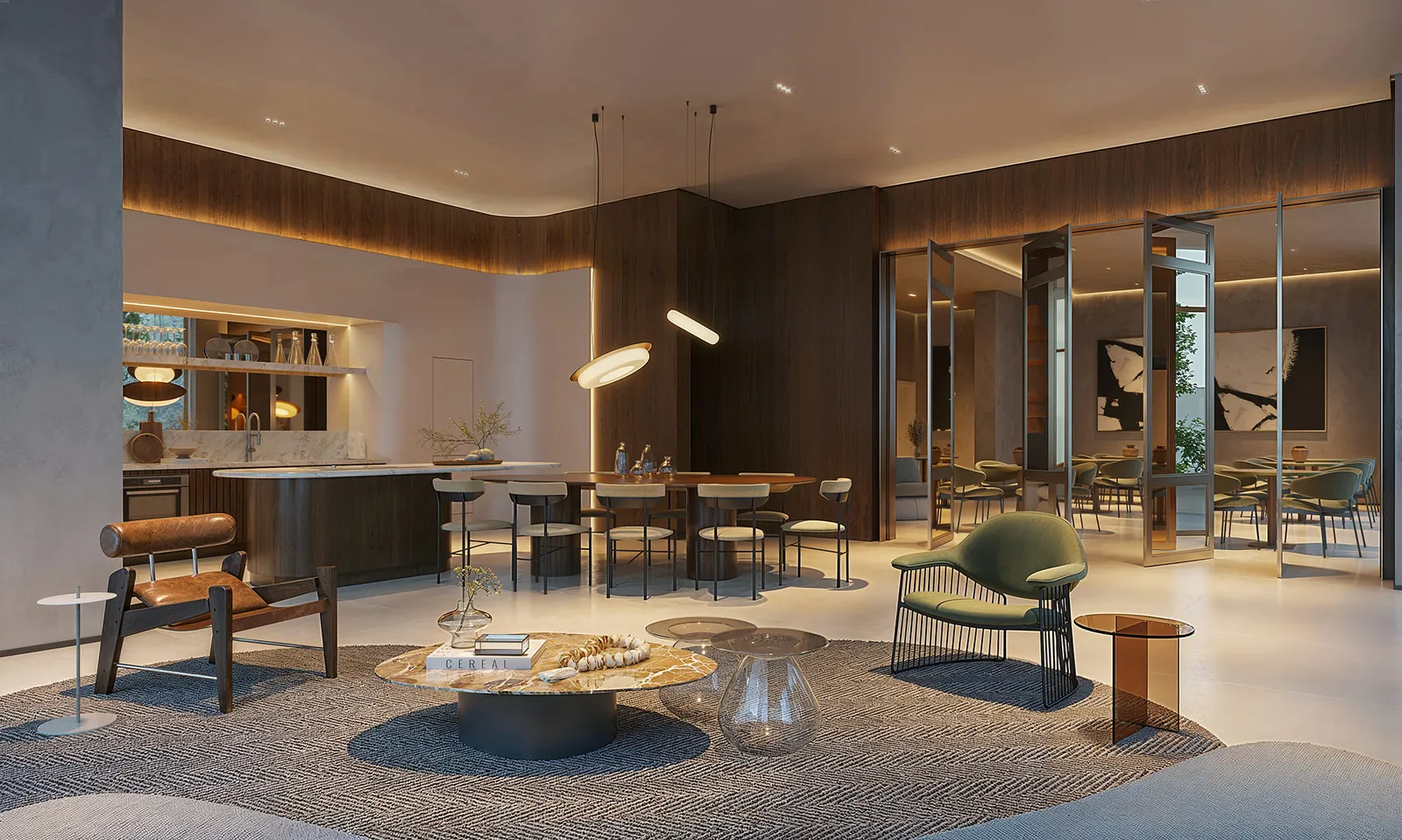 Espaço gourmet com bancada, mesas e poltronas em tons de madeira