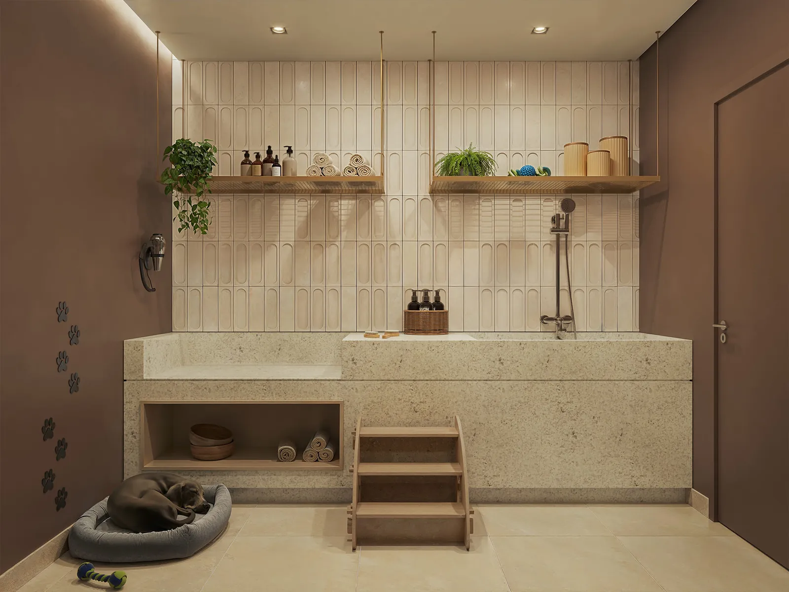 Pet care com banheira elevada, ducha e prateleiras