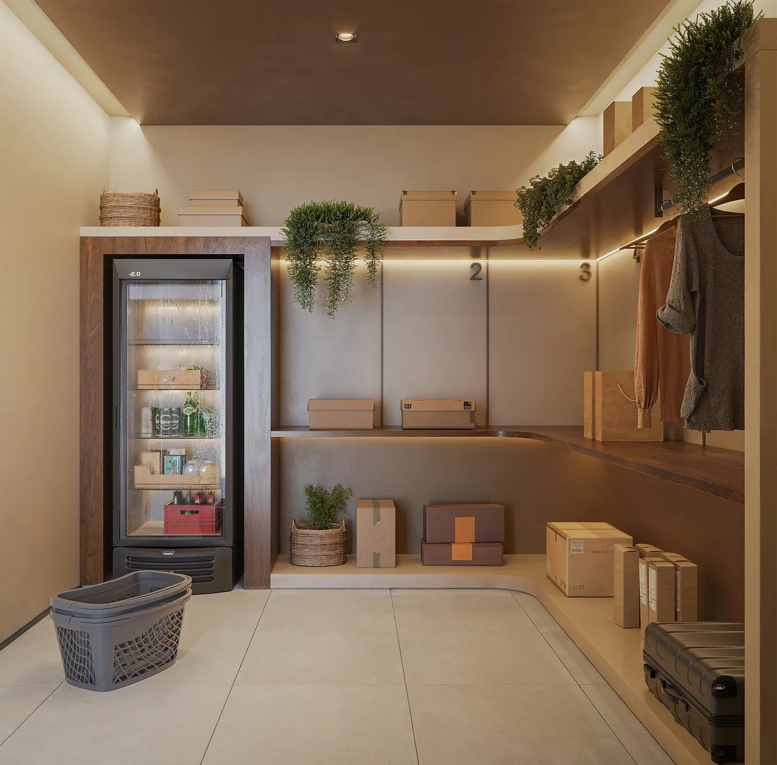 Espaço delivery com geladeira e armários para encomendas