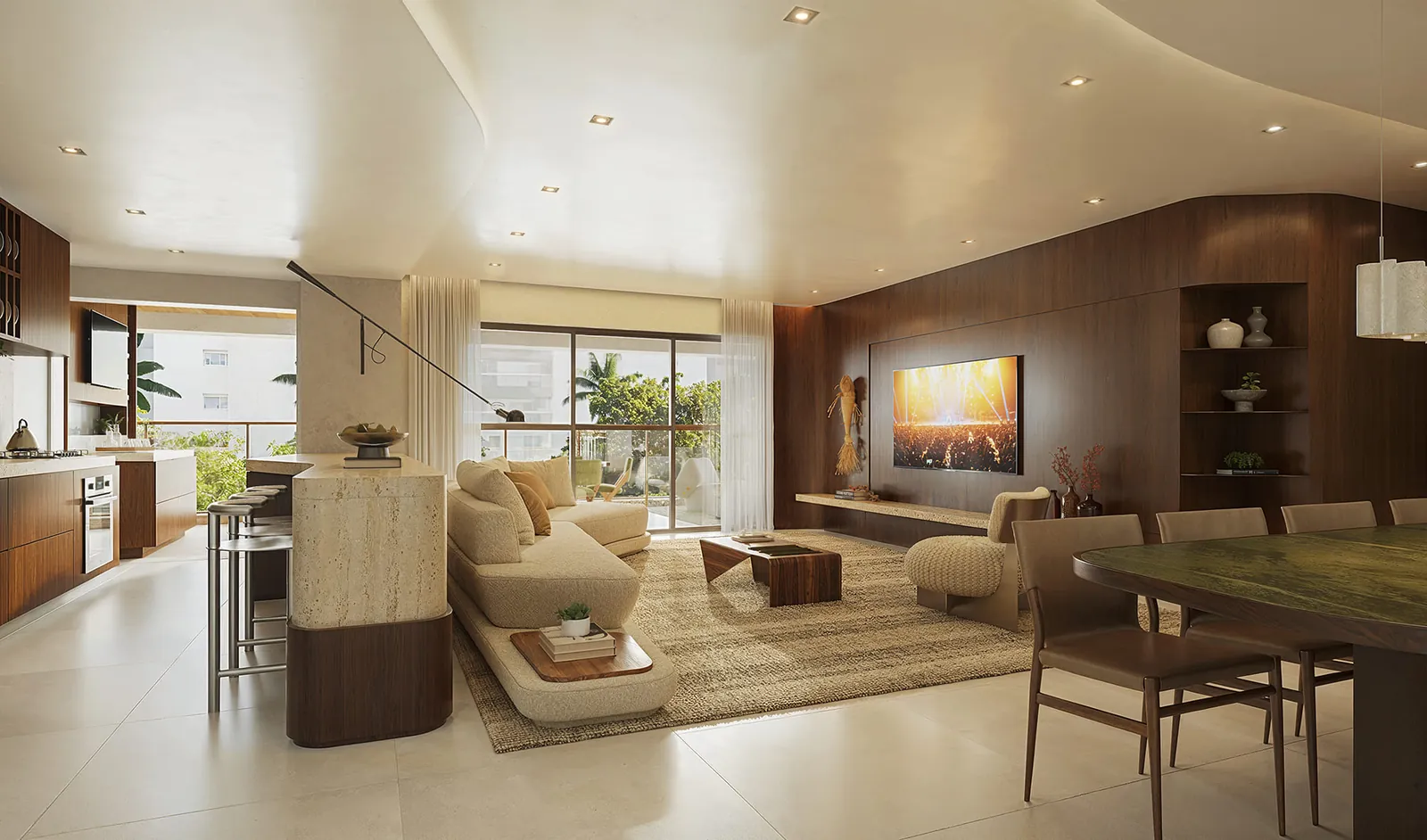 Sala ampliada com sofá claro, mesa de jantar e painel de madeira