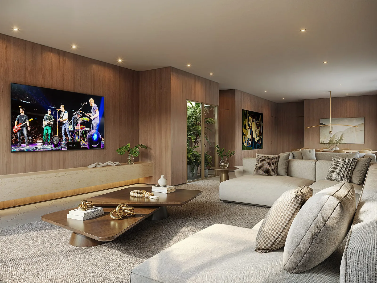 Sala da cobertura decorada, com painel de madeira e sofá em L