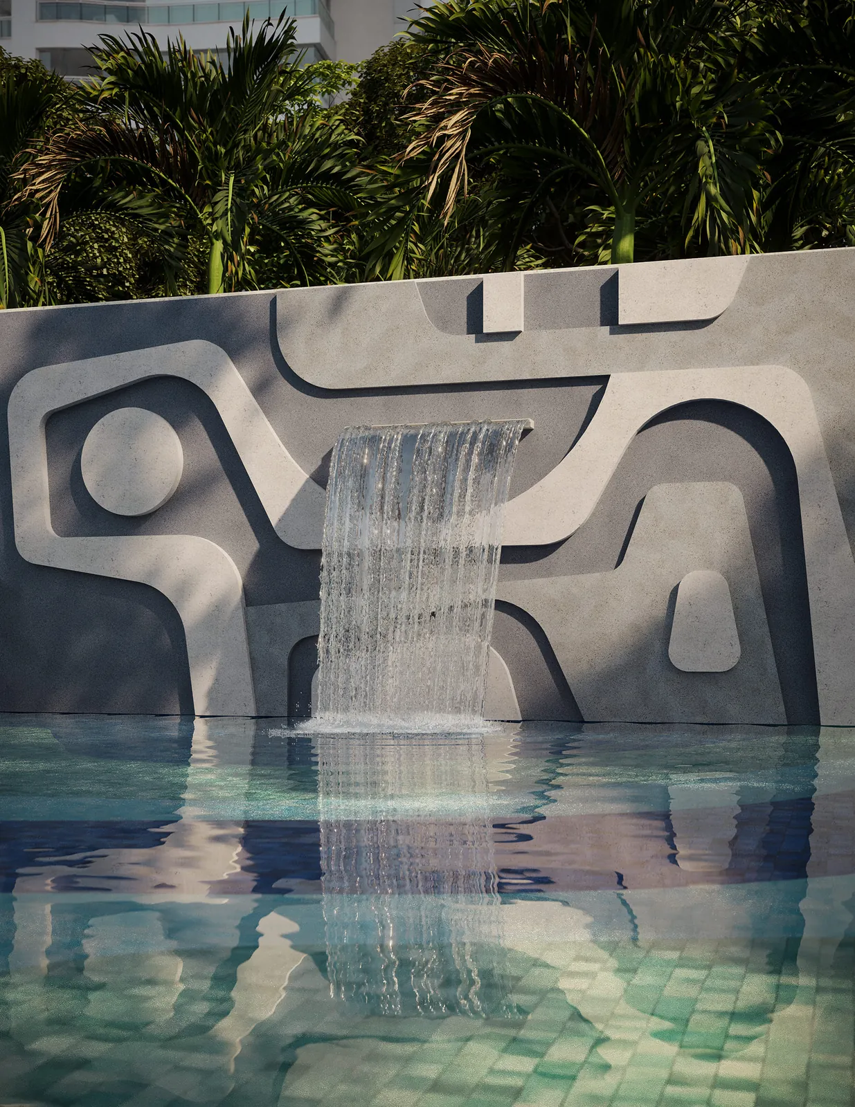 Painel artístico em relevo com cascata d'água sobre a piscina