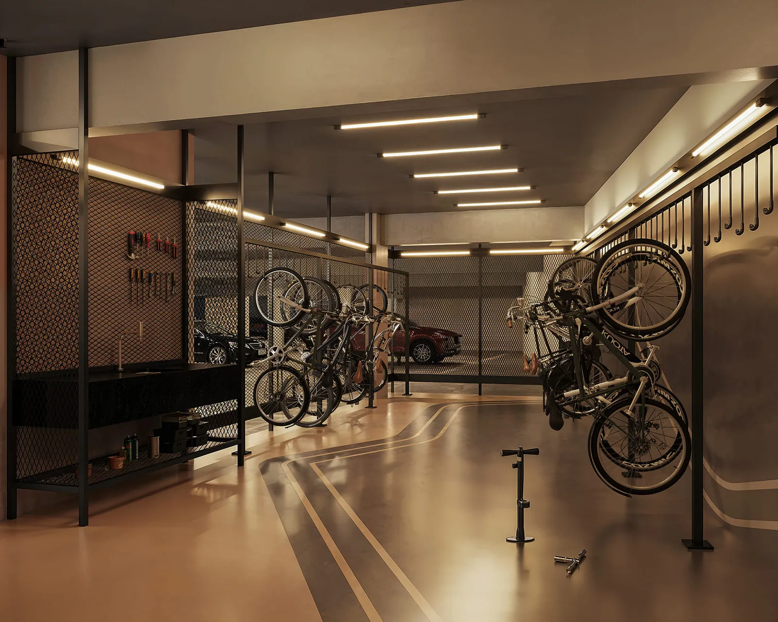Bicicletário com bicicletas penduradas e calibrador de pneus