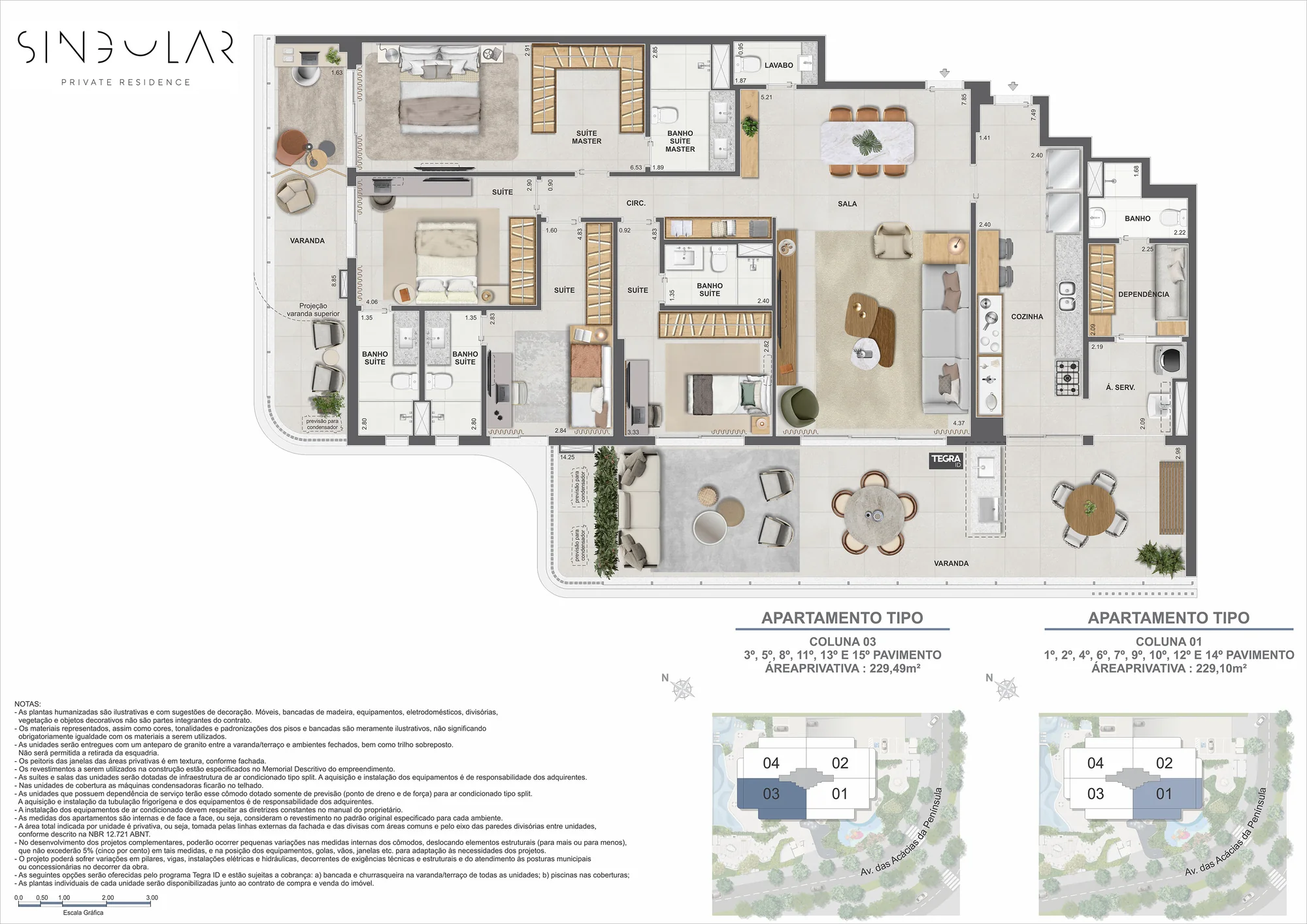 Planta humanizada: 4 suítes · 229 m² do Singular