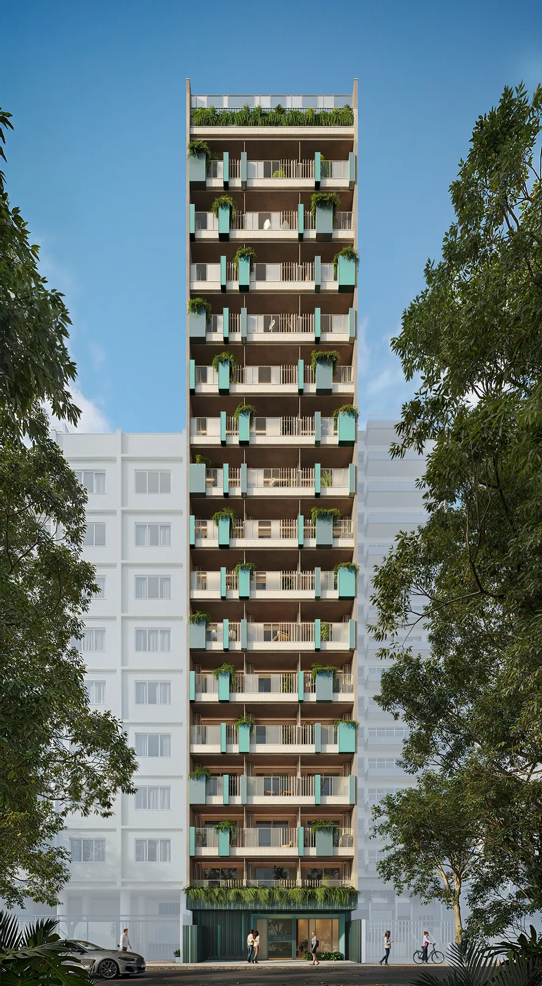Fachada do Soul Rio Barão de Icaraí, com varandas verde-água e jardineiras
