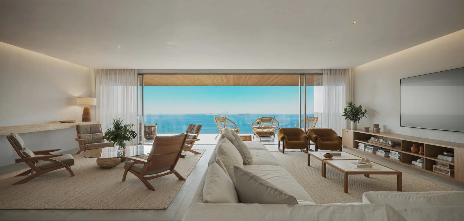 Sala de estar com sofás claros, poltronas de madeira e a janela inteira para o mar de Ipanema