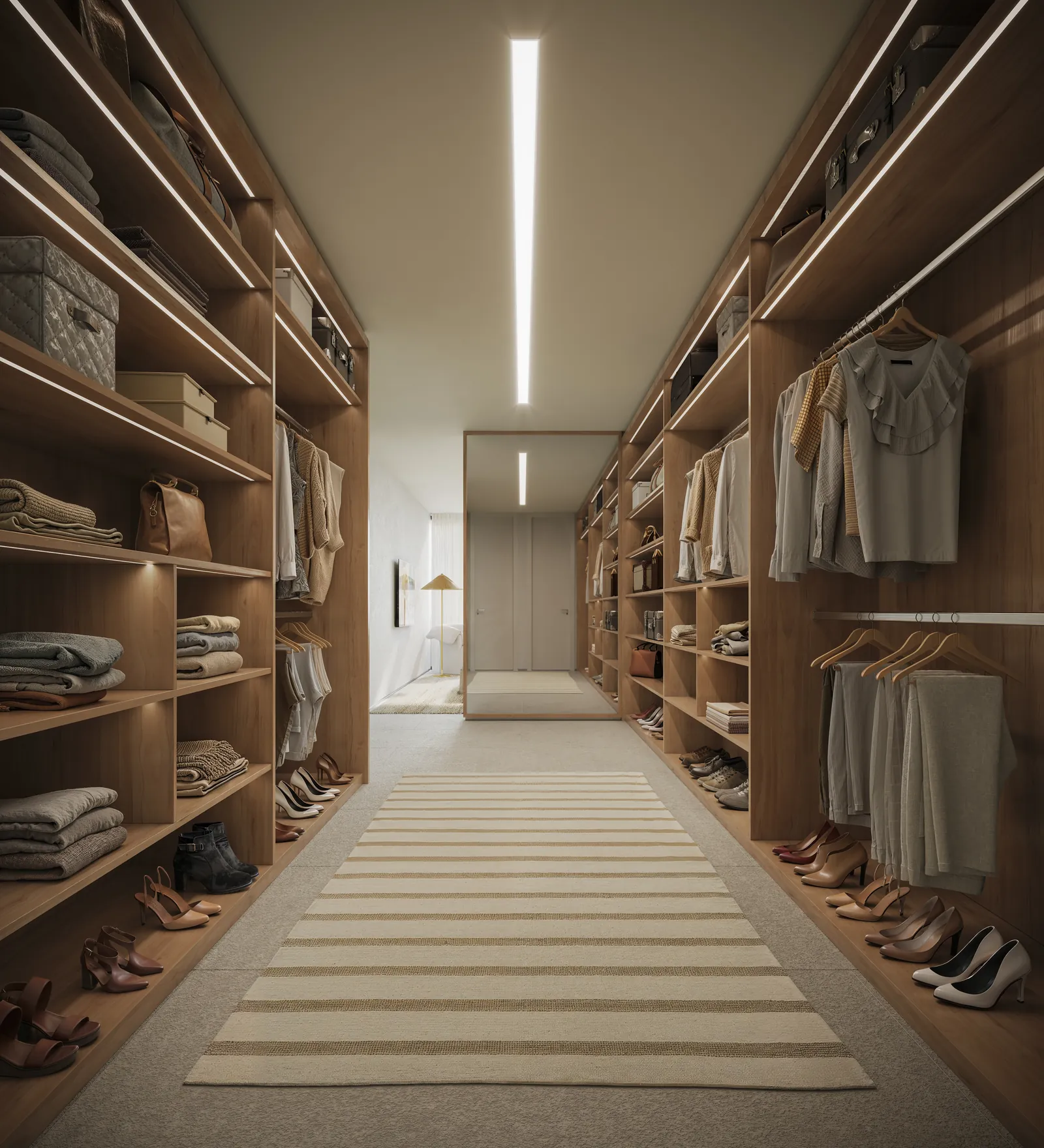 Closet comprido com armários abertos de madeira dos dois lados