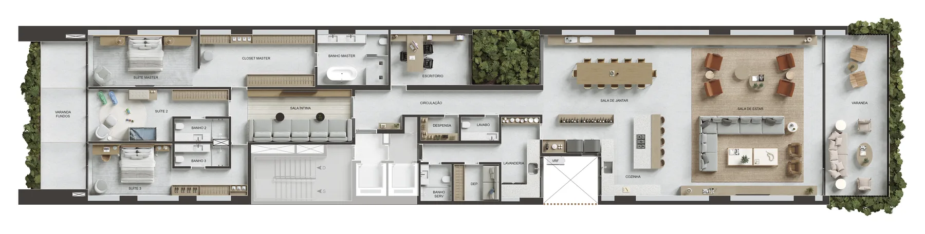 Planta humanizada: Apartamento tipo, opção cozinha aberta