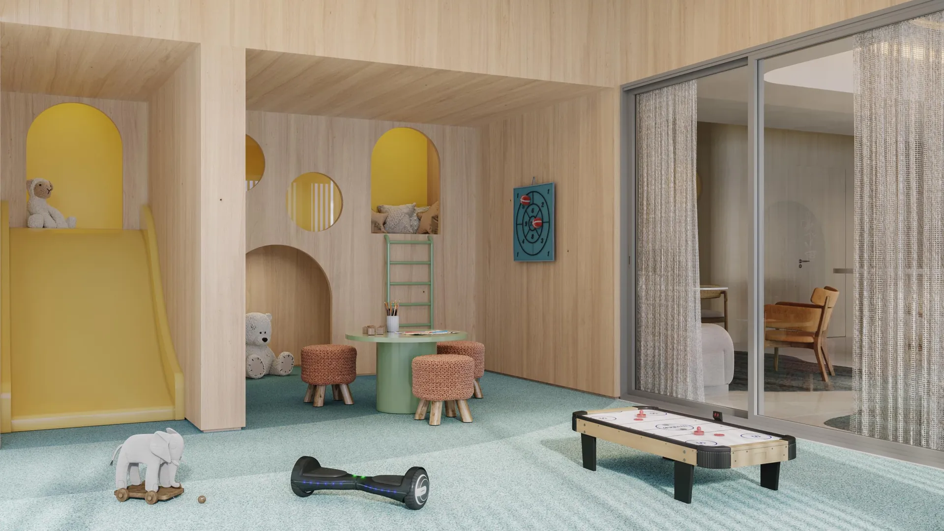 Espaço kids com escorregador e brinquedos
