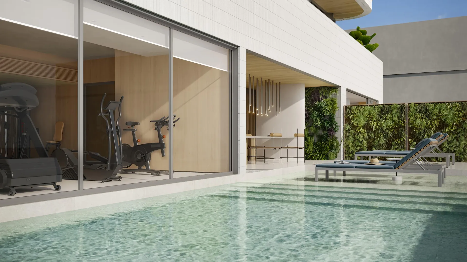 Piscina com deck molhado e espreguiçadeiras