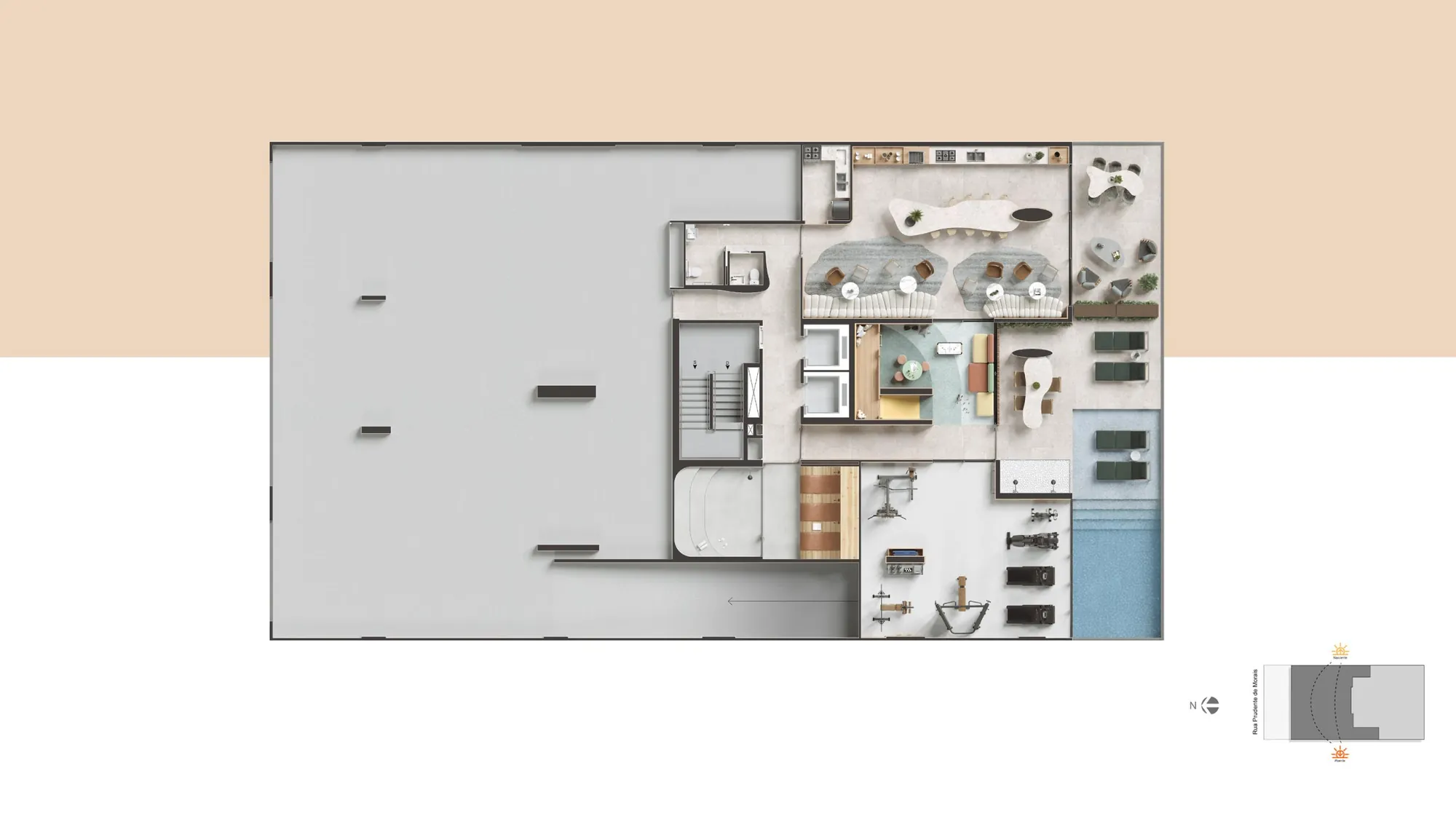 Planta do pavimento de lazer com sauna, fitness, piscina, espaço kids e salão gourmet