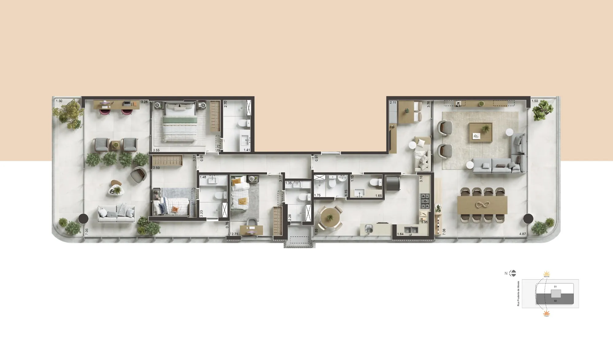 Planta do apartamento de meio andar da coluna 02, com 3 suítes