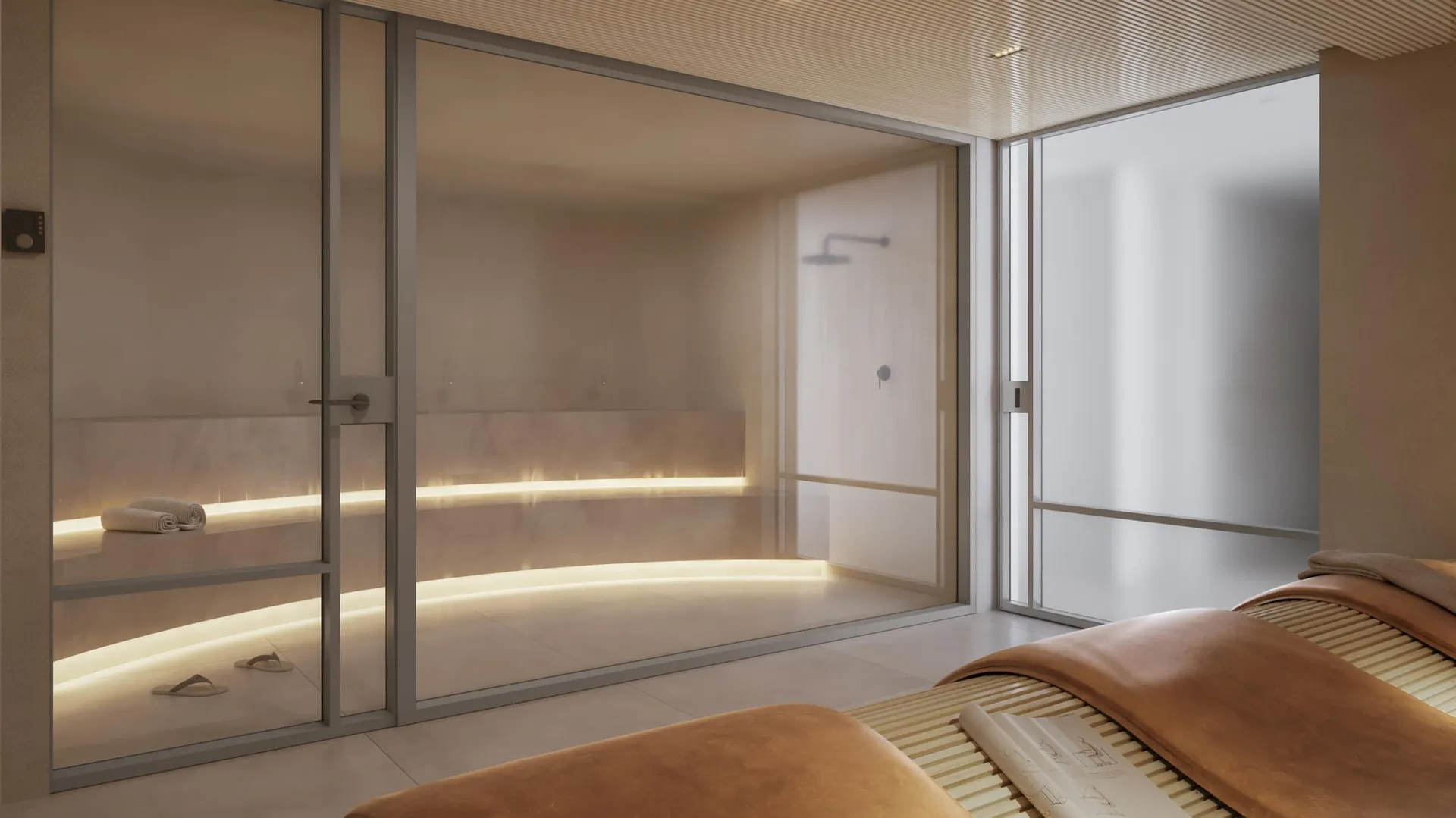 Sauna a vapor com área de repouso revestida em madeira