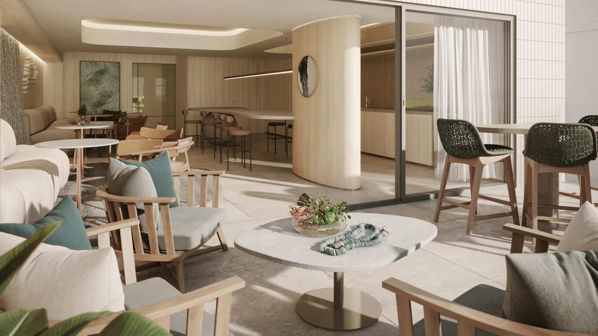 Terraço gourmet com mesas e poltronas