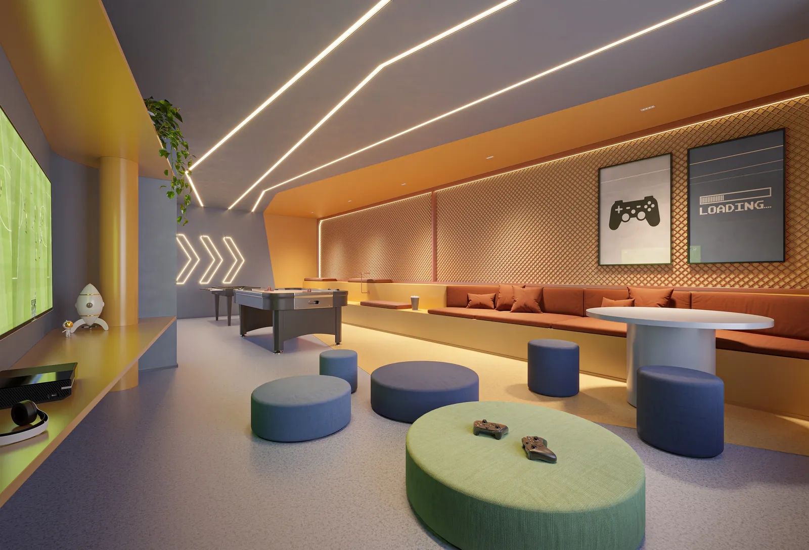 O espaço games do We Barra, com pufes e telão