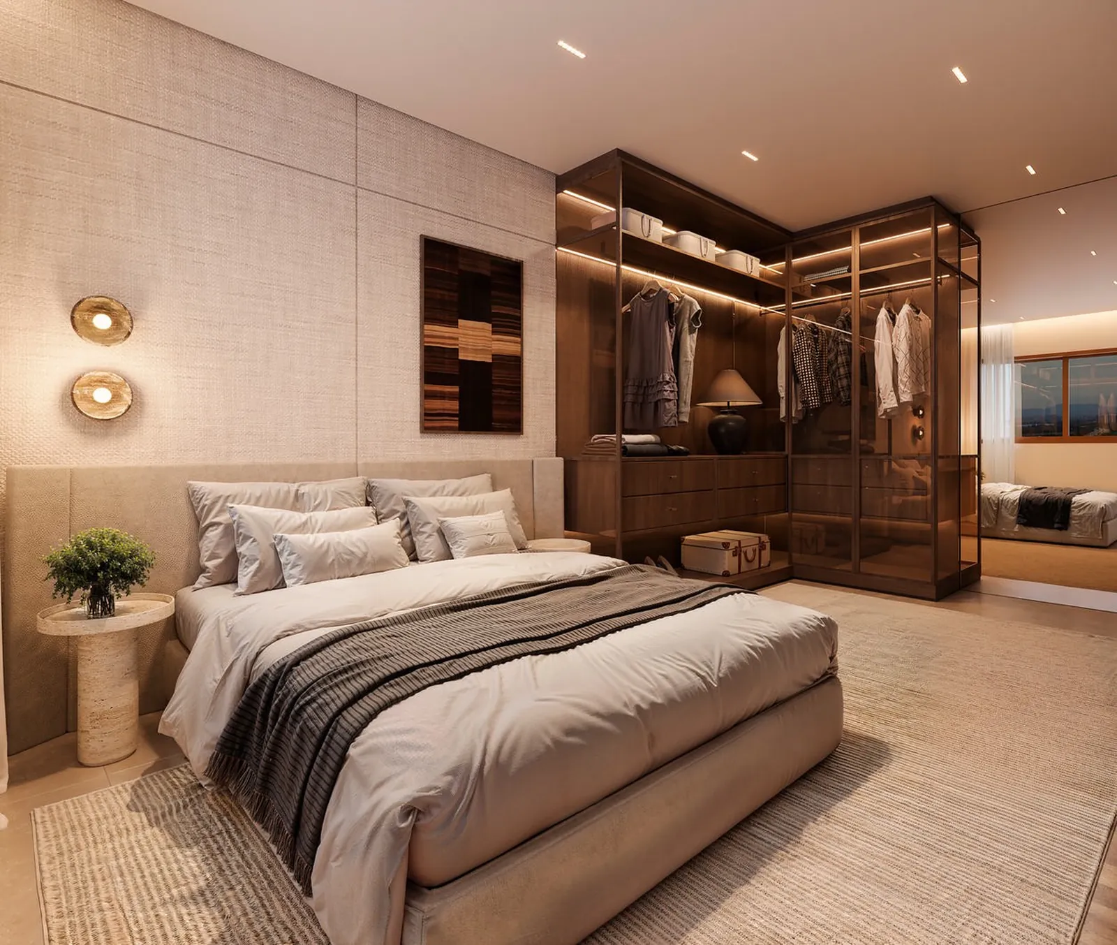 Suíte do We Barra com cama de casal e closet de vidro