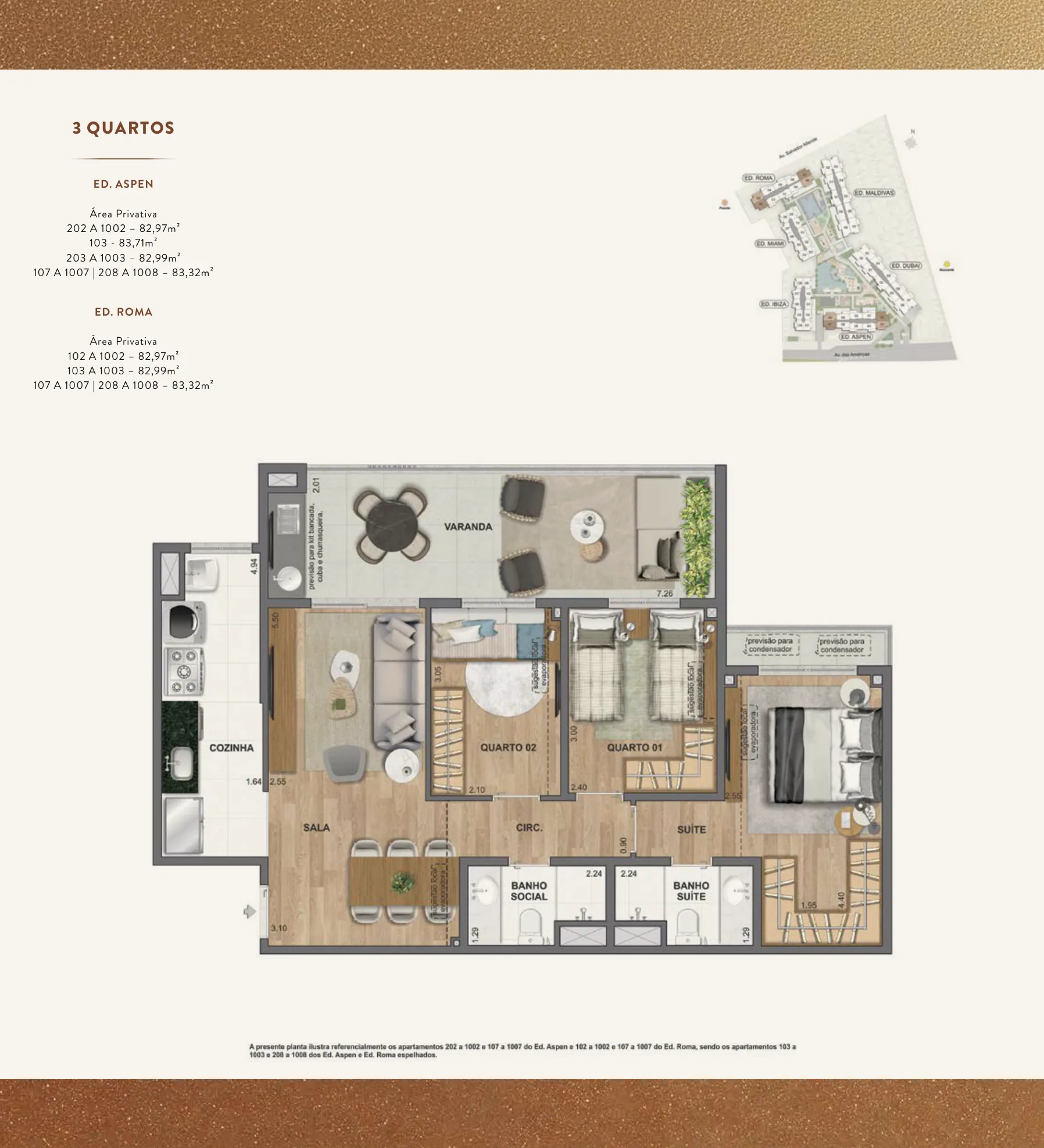 Planta humanizada: 3 quartos de 83 m² do We Barra
