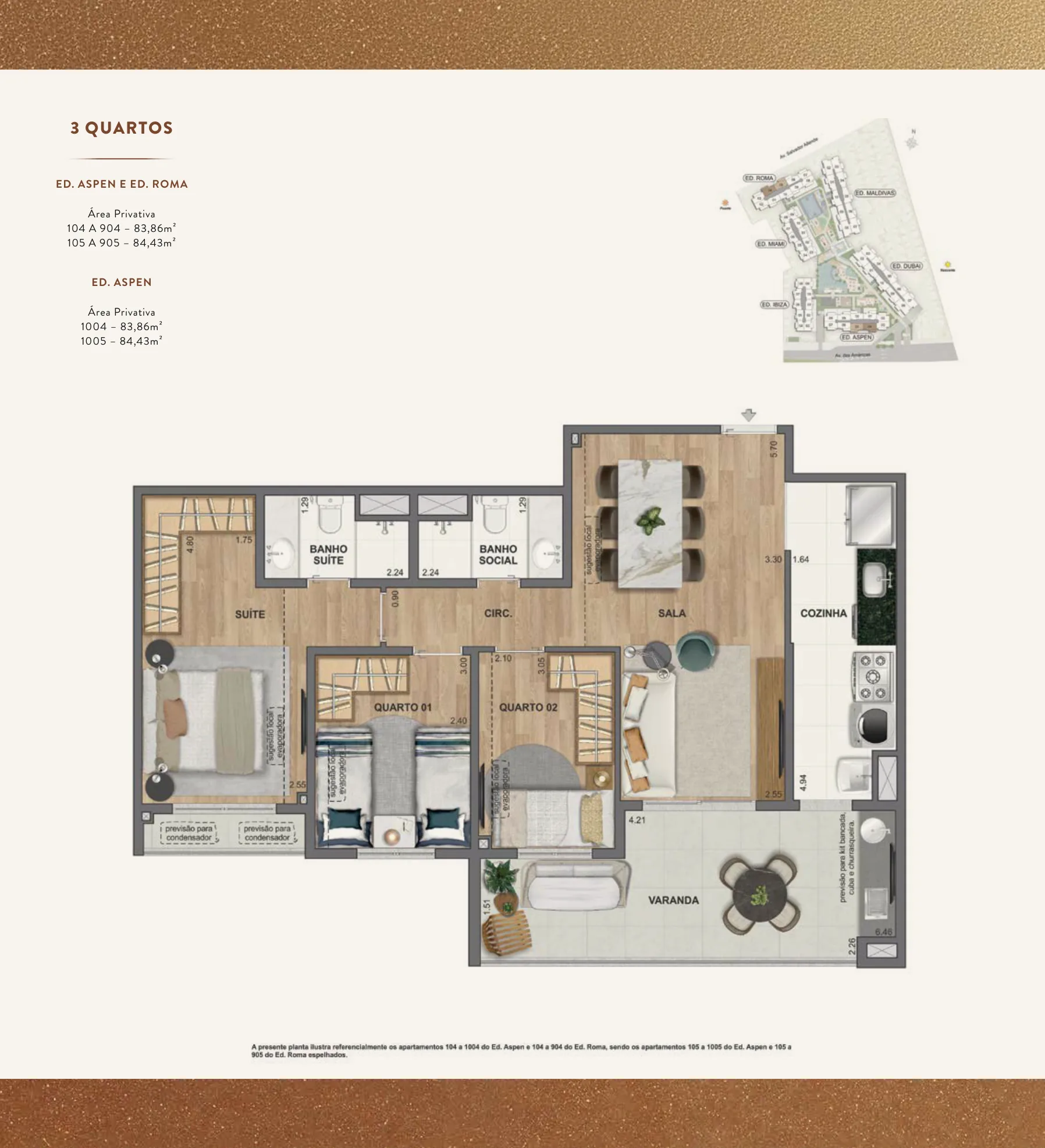 Planta humanizada: 3 quartos de 84 m² do We Barra